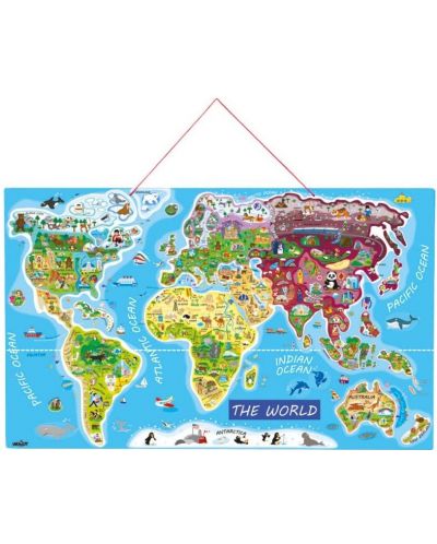 Дървен пъзел с магнитни части Woody - Карта на света, 2 в 1 - 1