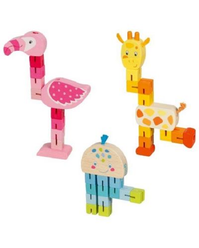 Дървен детски пъзел Goki - Жираф, фламинго, октопод, асортимент - 1