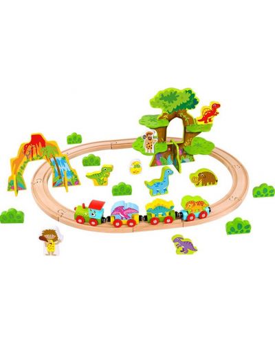 Дървена играчка Tooky toy - Джурасик парк с влак и динозаври - 2