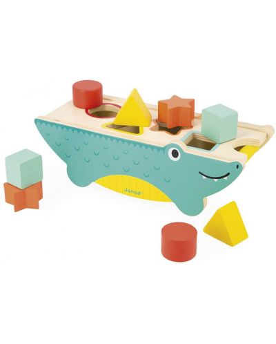 Дървена играчка за сортиране Janod - Крокодил, с 8 формички - 1