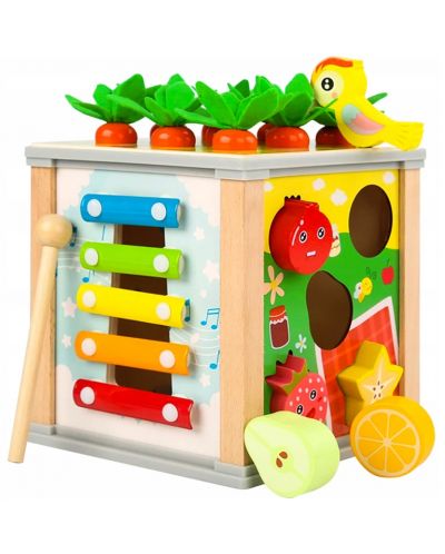 Дървена сортер Kruzzel - Образователно кубче с плодове и зеленчуци - 1