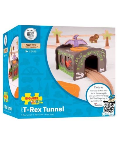 Дървена играчка Bigjigs - ЖП тунел, Т-Рекс - 1