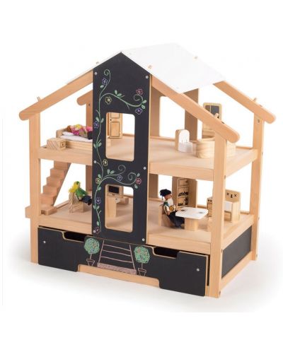 Дървена къща за кукли Bigjigs - Обзаведена, с отворен достъп - 1