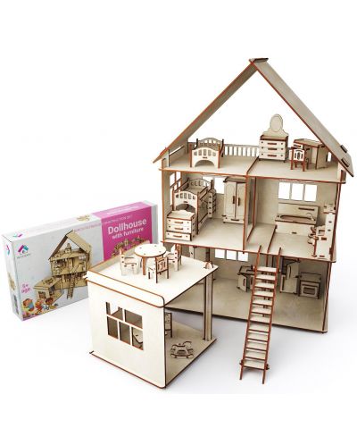 Дървен сглобяем комплект Woodpy - Къща за кукли с мебели, 296 части - 3