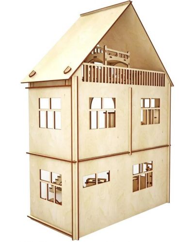 Дървен сглобяем комплект Woodpy - Къща за кукли с мебели, 296 части - 2