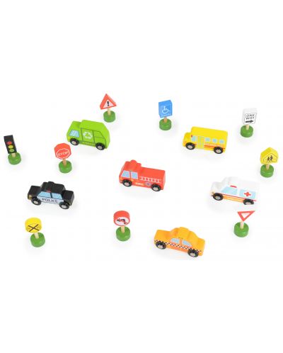 Дървен комплект Tooky Toy - Колички с пътни знаци - 2