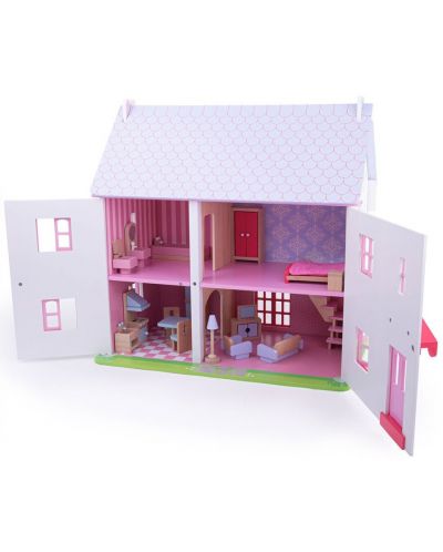 Дървена къща за кукли Bigjigs - С обзавеждане и семейство - 3