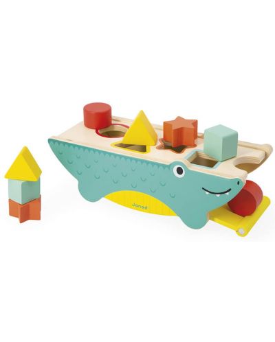 Дървена играчка за сортиране Janod - Крокодил, с 8 формички - 3
