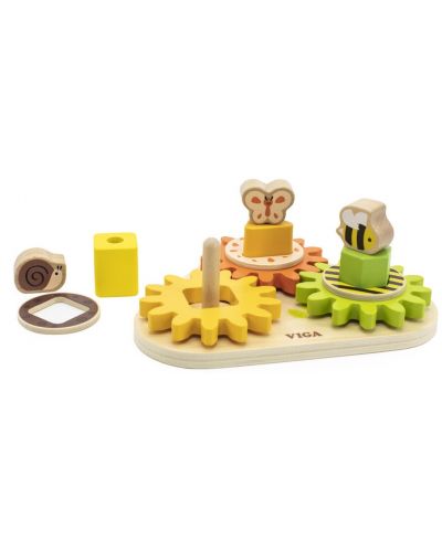 Дървена играчка Viga - Сортер с геометрични форми и зъбни колела - 3