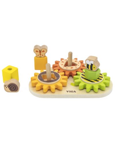Дървена играчка Viga - Сортер с геометрични форми и зъбни колела - 2