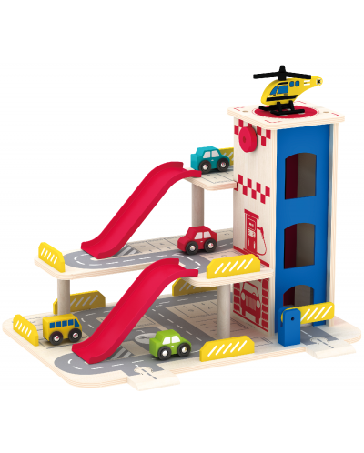 Дървен комплект Acool Toy - Гараж на три нива с асансьор и хеликоптерна площадка - 1