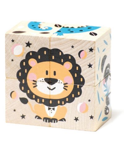 Дървени кубчета Cubika - Животни, 4 кубчета, 6 пъзела - 1