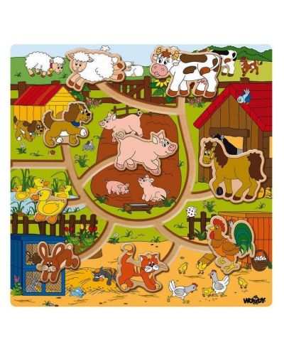 Дървен пъзел Woody с движещи се животни - Лабиринт във фермата - 1