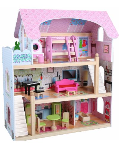 Дървена къща за кукли Moni Toys - Mila, с 16 аксесоара - 1