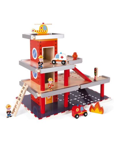 Дървена играчка Janod - Пожарна станция, с фигурки - 1