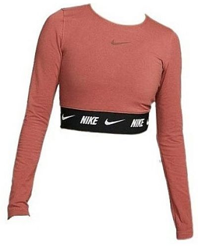 Дамска къса блуза Nike - Crop Tape LS, кафява - 1