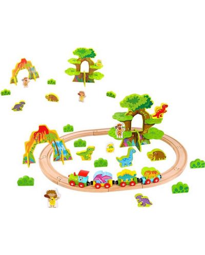 Дървена играчка Tooky toy - Джурасик парк с влак и динозаври - 3