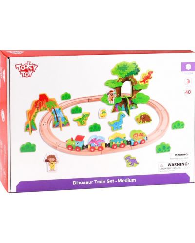 Дървена играчка Tooky toy - Джурасик парк с влак и динозаври - 1