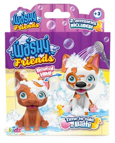 Детска играчка Kidz World Washy Friends - Кално кученце за къпане, Boston Terrier - 1