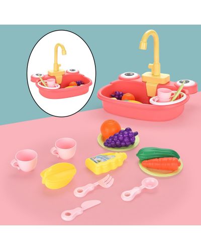 Детска кухненска мивка Ntoys - С течаща вода и аксесоари, Жаба, асортимент - 5