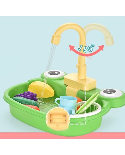 Детска кухненска мивка Ntoys - С течаща вода и аксесоари, Жаба, асортимент - 2