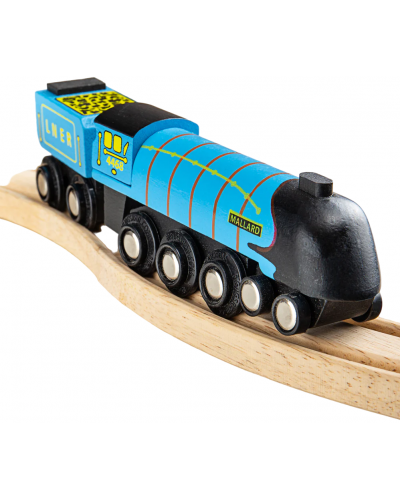 Детска дървена играчка Bigjigs - Парен локомотив, син - 3