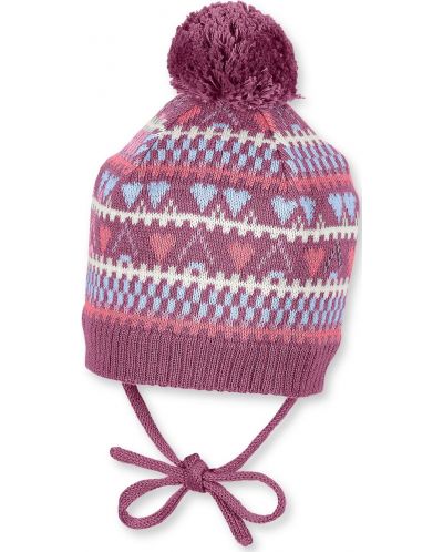 Детска плетена шапка с връзки Sterntaler - Със сърца, 49 cm, 12-18 месеца, тъмнорозова - 1