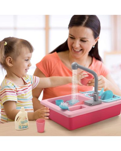 Детска кухненска мивка Raya Toys - С течаща вода и аксесоари, розова - 2