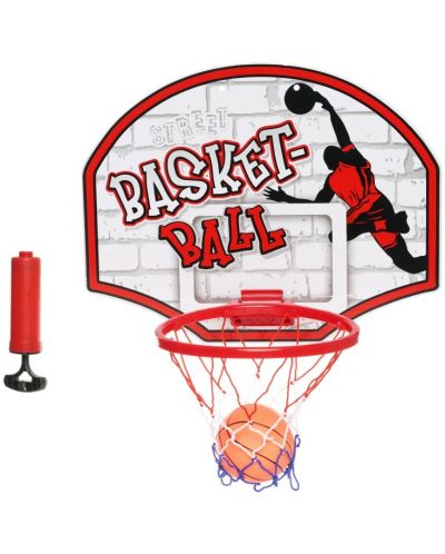 Детски комплект GT - Баскетболно табло за стена с топка и помпа, червено - 1