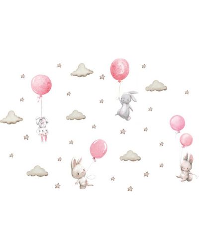 Детски стикери за стена за детска стая Sipo - Зайчета и балони, розови - 1