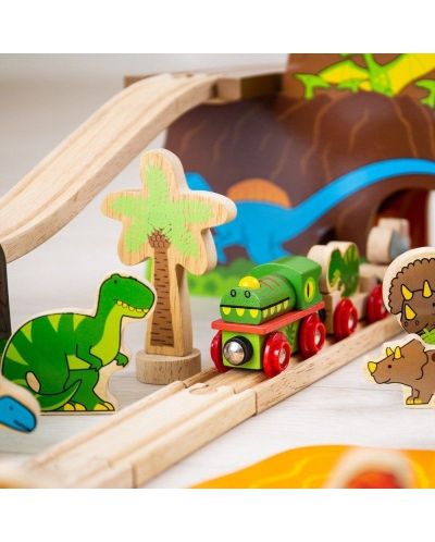 Детска дървена играчка Bigjigs - Динозавърски влаков комплект - 3