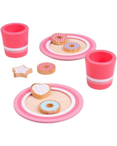 Детски дървен комплект Bigjigs - Мляко и бисквити, розови - 1