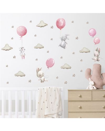 Детски стикери за стена за детска стая Sipo - Зайчета и балони, розови - 2
