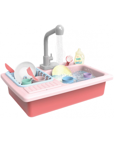 Детска кухненска мивка Raya Toys - С течаща вода и аксесоари, розова - 1