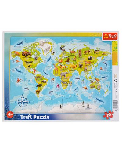 Детски пъзел Trefl от 25 части - Карта на света с животни - 1