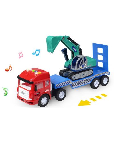 Детска играчка Yifeng - Камион автовоз с верижен багер, със звуци - 2