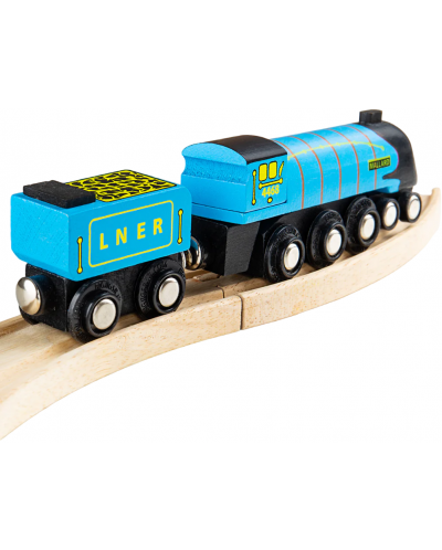Детска дървена играчка Bigjigs - Парен локомотив, син - 2