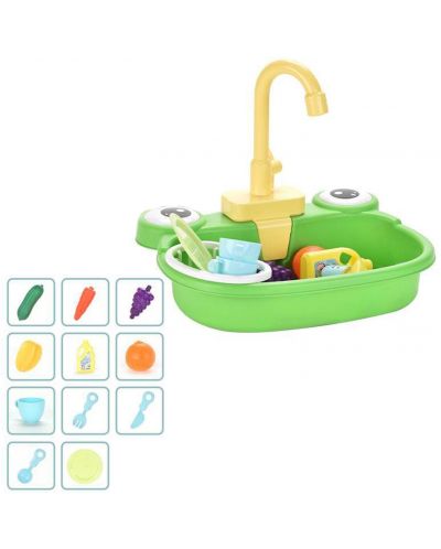 Детска кухненска мивка Ntoys - С течаща вода и аксесоари, Жаба, асортимент - 3