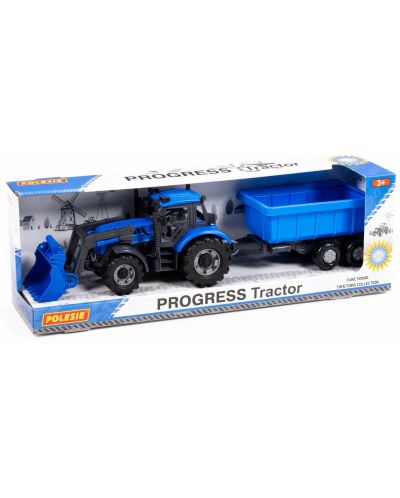 Детска играчка Polesie Progress - Инерционен трактор с ремарке и гребло - 1