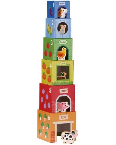 Детски комплект Lelin Toys - Картонени кубчета с дървени животни - 2