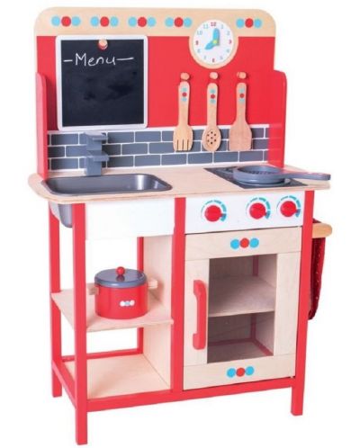 Детска дървена кухня Bigjigs - Червена - 1