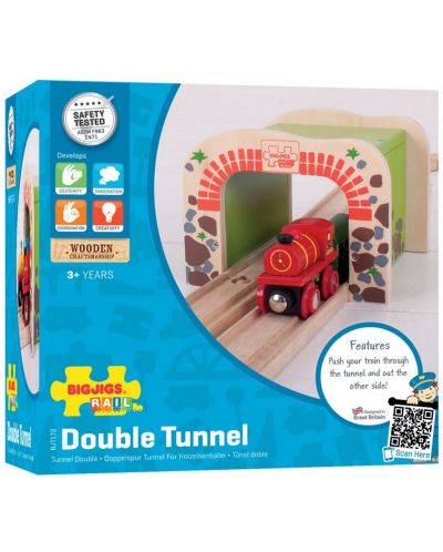 Детски дървен комплект Bigjigs - Двоен железопътен тунел - 6