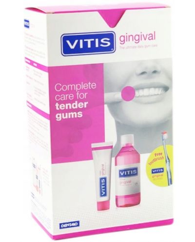 Dentaid Vitis Комплект Gingival - Вода за уста и Паста, 500 + 100 ml + Четка, асортимент - 1