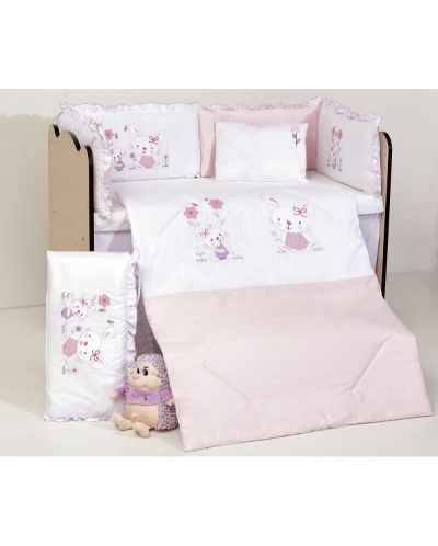 Спален комплект с бродерия Dizain Baby - Розови зайчета, 10 части, 60 х 120 cm
