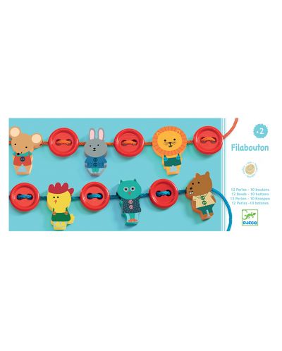 Дървена играчка за нанизване Djeco - Животинки и копчета