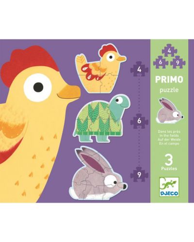 Комплект 3 детски пъзели Djeco - На ливадата, 4, 6, 9 части