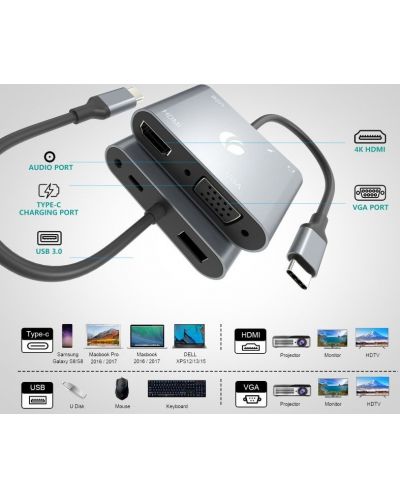 Докинг станция VCom - CU4511, HDMI/USB3.0, USB-C, сива - 3