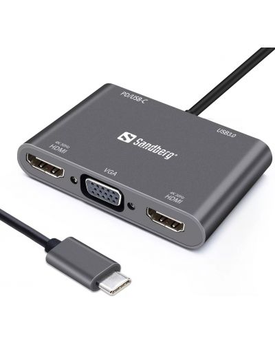 Докинг станция Sandberg - USB-C Dock, 5 порта, USB-C, черна - 1