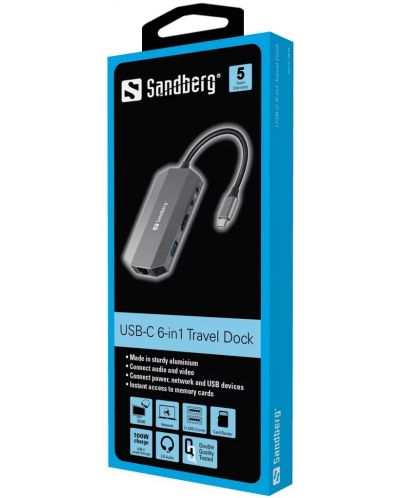 Докинг станция Sandberg - Travel Dock 6 в 1, USB-C, сива - 2