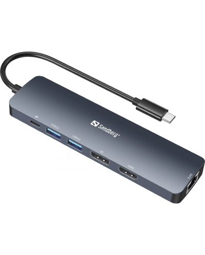 Докинг станция Sandberg - USB-C 8K Display Dock, 6 порта, сива - 1